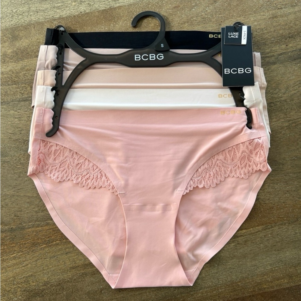 5pc BCBG Luxe Lace Seamless Bikini Panty Set - Blush Pink & Nude